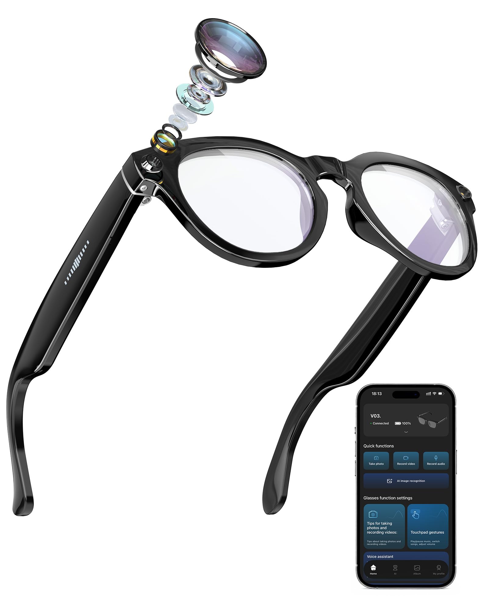 AI Smart Glasses 4K HD Camera Recording Sunglasses 800W Anti-Shake Camera Glasses with Dual Mic Simultaneous Interpretation Identify