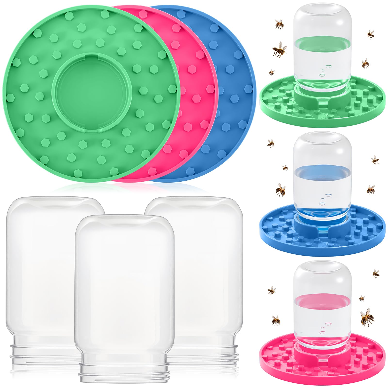 Tandefio 6 Pcs Bee Feeder Set Include 3 Bee Watering Station for Garden and 3 Plastic Mason Jars for Hives,Beekeeping Supplies for Outside,Blue Green