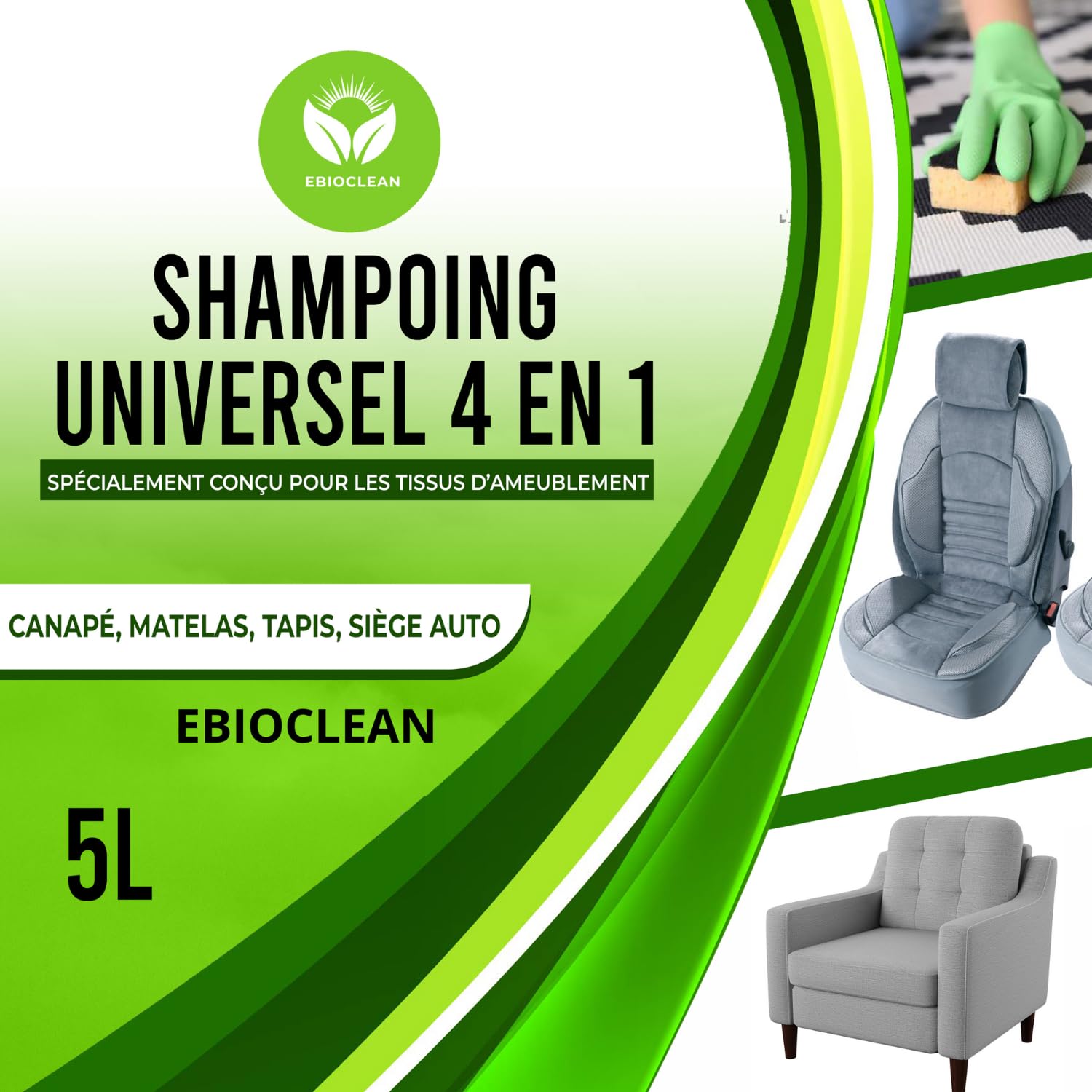 NETTOYANT, ANTI ODEUR spécialement conçu pour tous les tissus d'ameublement (tapis, moquette, canapé, matelas, siège-auto) pour SHAMPOUINEUSE, ASPIRATEUR À EAU concentré et contenu dans 5L