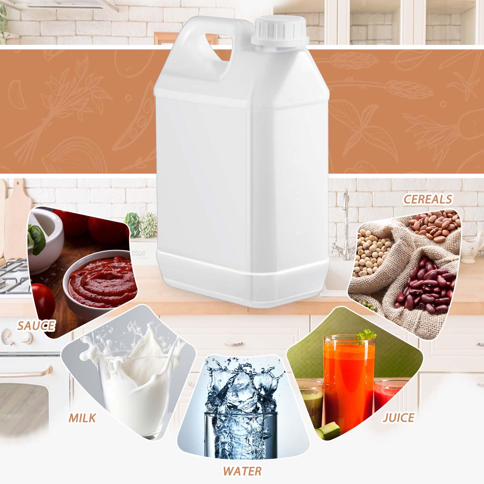 Ziliny 3 recipientes de plástico de 1 galón con asa y tapa, recipientes cuadrados de polietileno de alta densidad para almacenamiento de agua líquida, hogar, restaurante, uso comercial residencial