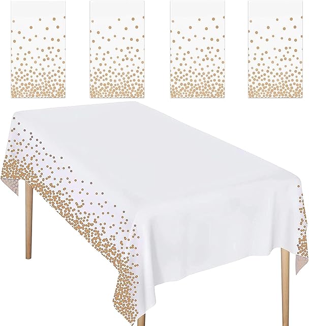Fyy 4 PCS Disposable Plastic Tablecloths, Plastic Rectangle White Dot Tablecloths for Indoor or Outdoor Tables Parties Christmas Picnic Birthdays and Weddings
