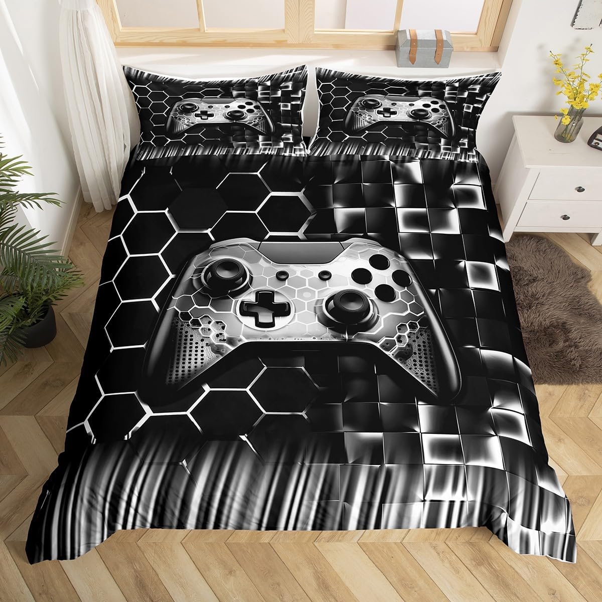 Gaming Gamepad Kids Duvet Cover Set Queen Size,Honeycomb Square Checkered Geometric Reversible Bedding Set,Boys Men Room Decor,Modern Gamer Videogames Comforter Cover,Black Quilt Cover,2 Pillowcases