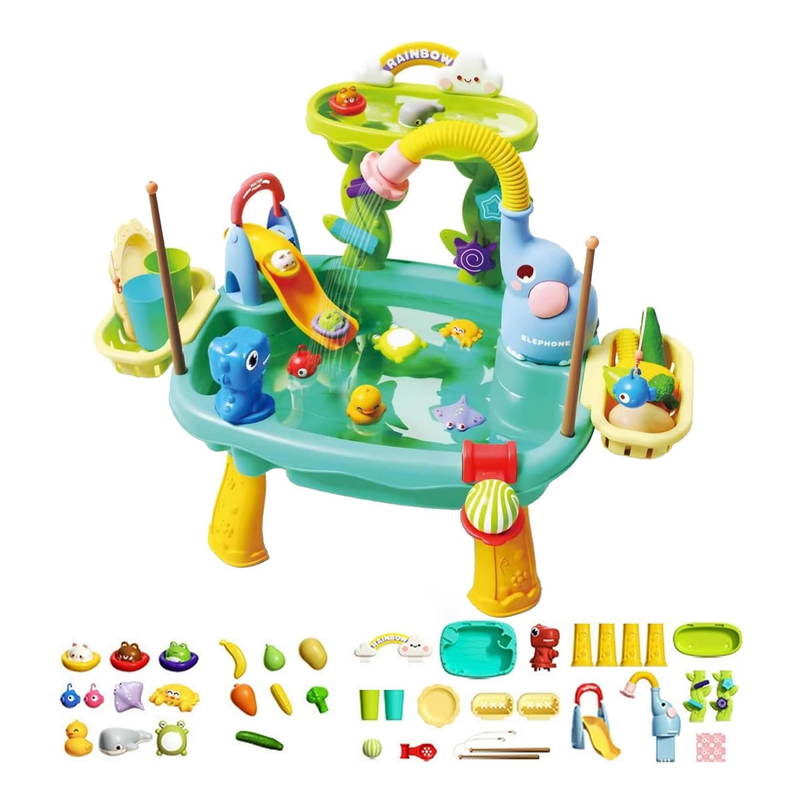 2026 Water Table for Toddlers 1-3,2 Layer Water Table with Elephant Shower Head, Kids Electric Play Sink, Removable Table Legs,Kids Water Play Table with Slide Play Food Accessories Fishing Toy (Blue)