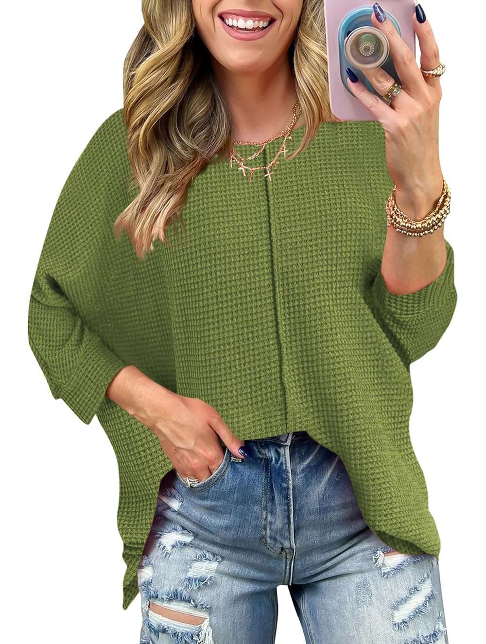 Poetsky Womens 2025 Spring 3/4 Sleeve Crewneck Waffle Knit Shirt Loose Casual Side Split Tunic Tops