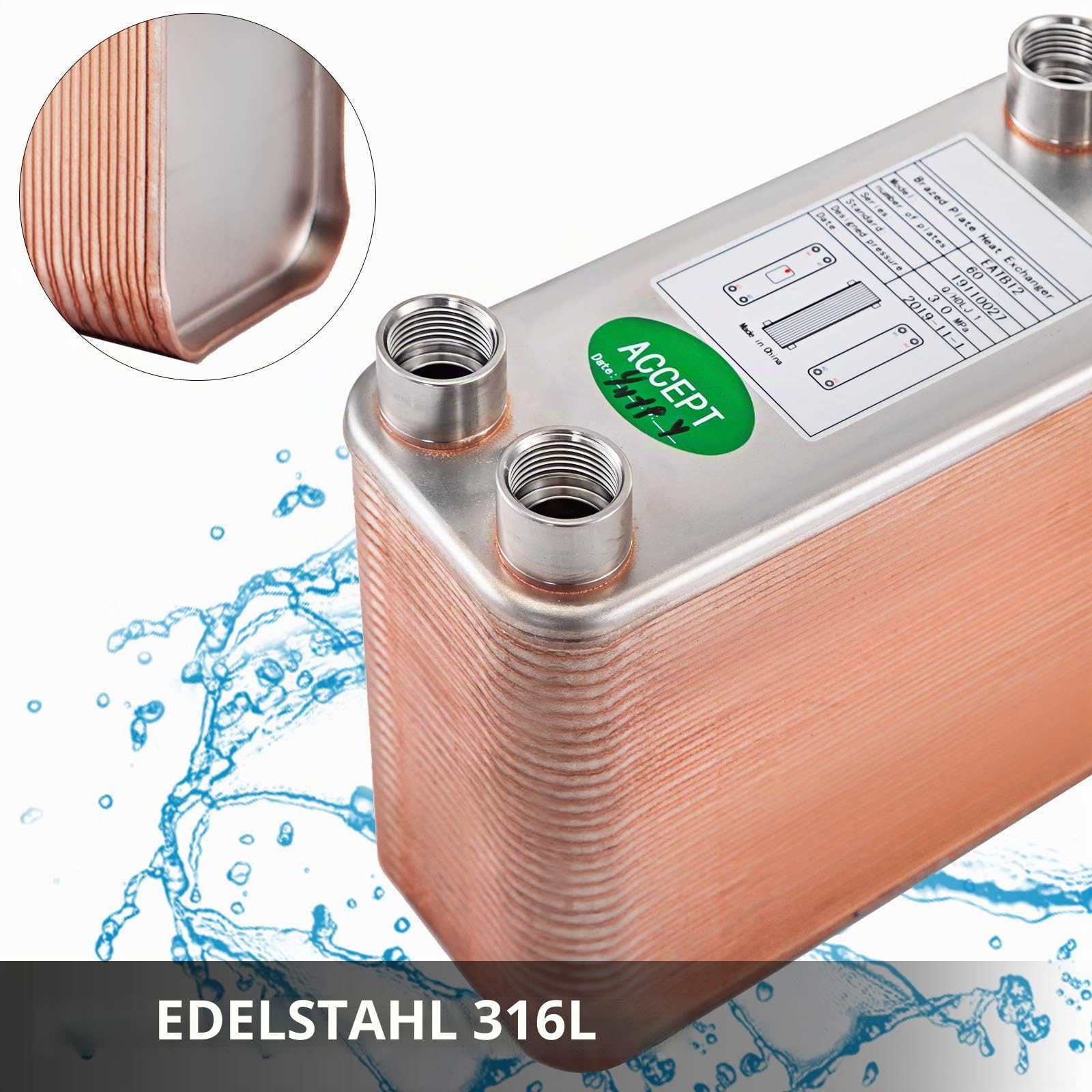 BestEquip Plattenwärmetauscher Edelstahl B12-60,Wärmetauscher 60, Plattenwärmetauscher 3,0 MPa, Wärmetauscher heizung, Silber