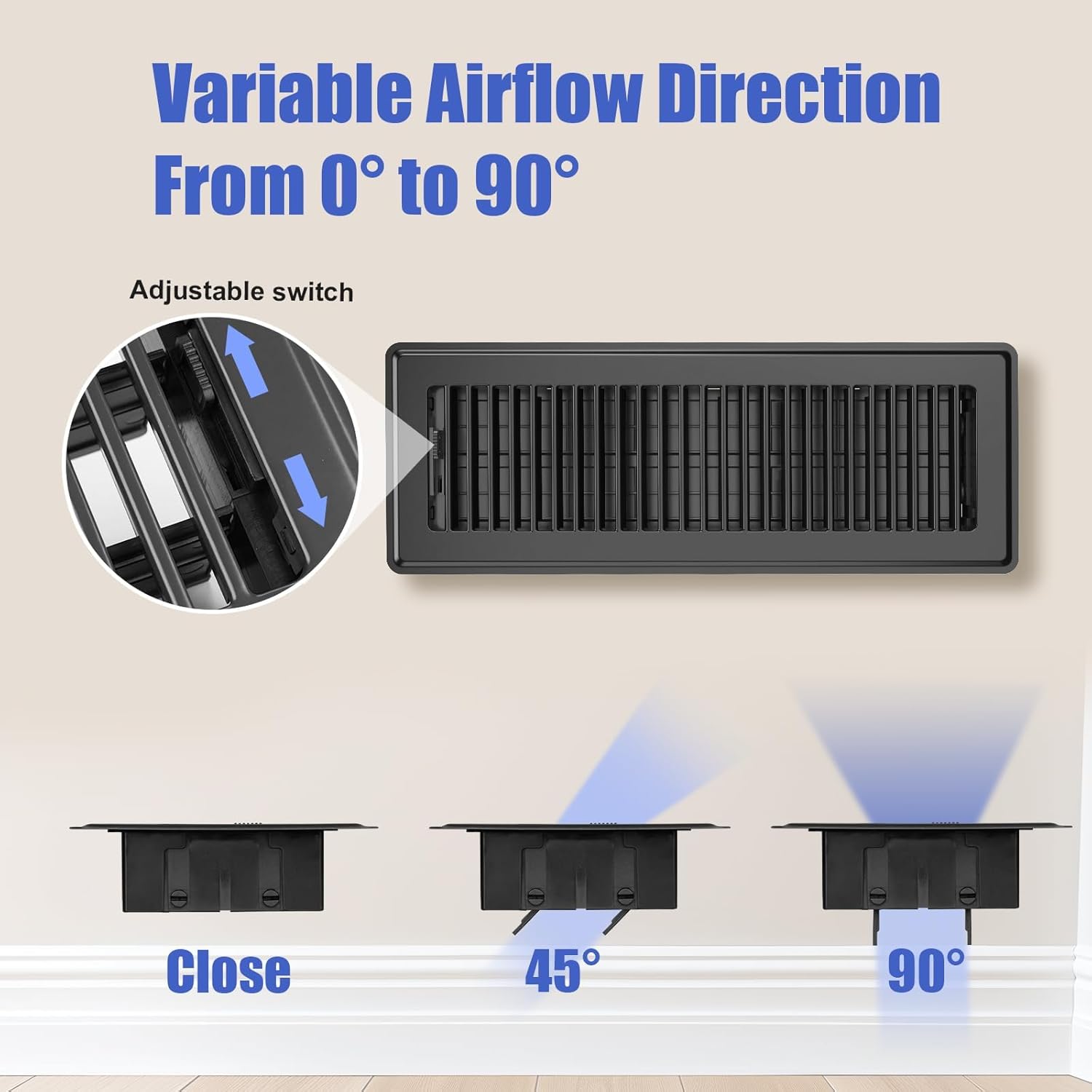 4x14 Floor Register 6-Pack, Heavy Duty Steel Walkable Vent Covers for Home Floor, Adjustable Quiet Airflow Vent Grill, Rust-Proof Black 14x4 Floor Vents