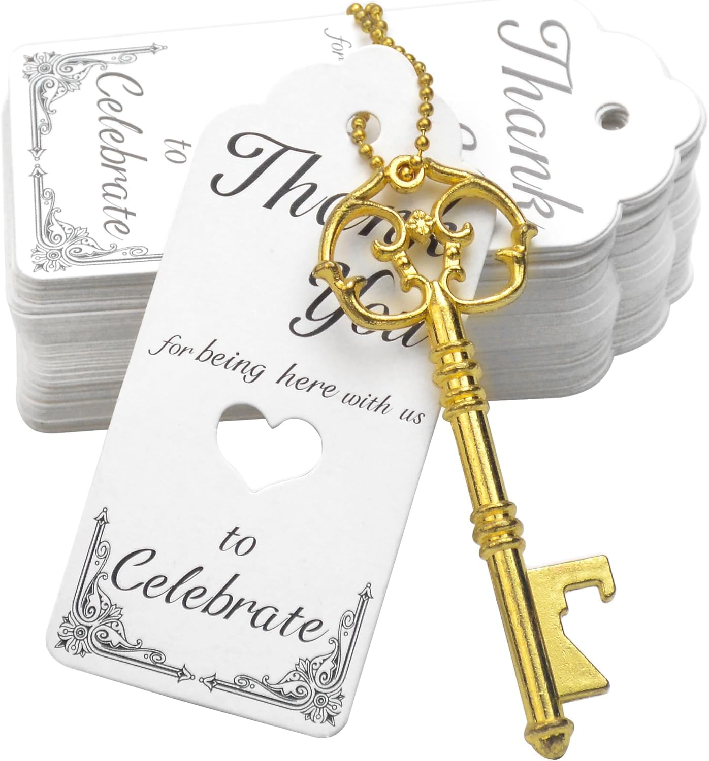 Aokbean 52pcs Vintage Skeleton Key Bottle Opener Rustic Wedding/Party Favors Guest Souvenir Gift Set with Escort Thank You Tag Card and Keychain (Gold)