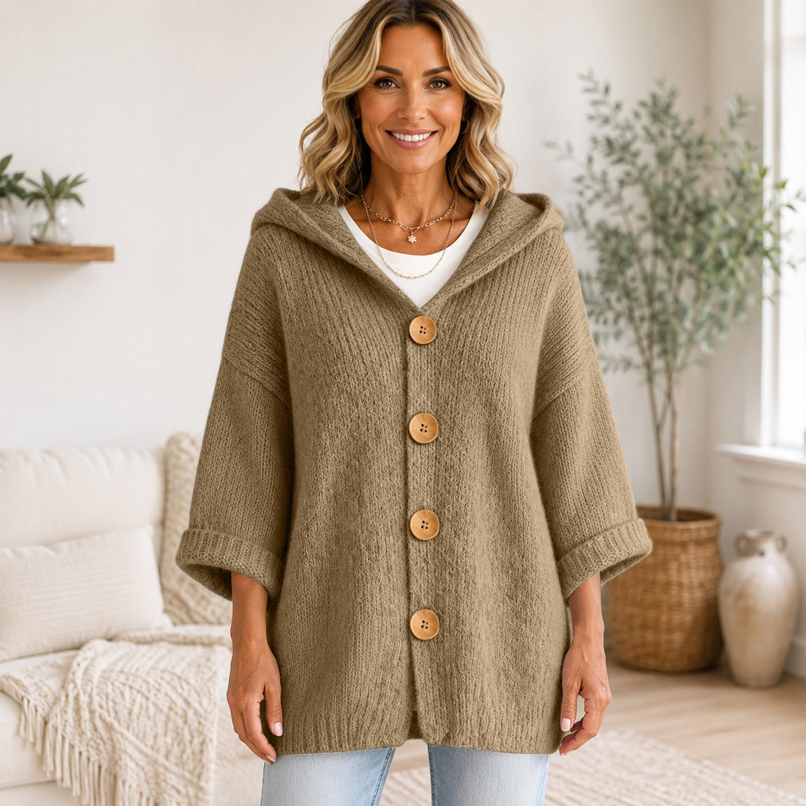Gilet Femme avec Capuche et Bouton Chaud Chic Ample Sweats en Maille