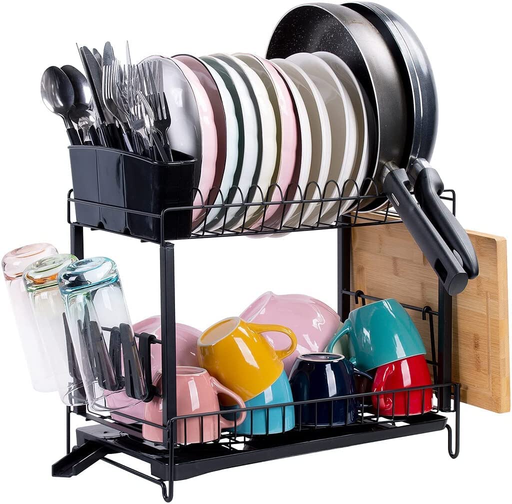 Dish Drying Rack, 2 Tier Dish Rack with Tray & Drain Function, Dish Drainer Utensil for Kitchen Counter with 3 Cups Holder and Cutting Board Holder (M)