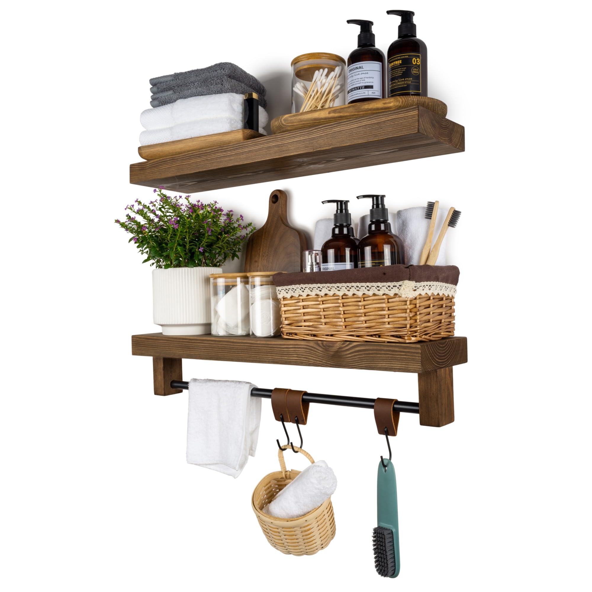 XWNE Floating Shelves for Wall, 24 inch Solid Wood Wall Mounted Bathroom Shelves with Towel Rack Set of 2, Rustic Wall Shelves for Bedroom Kitchen Living Room Farmhouse,Black Walnut