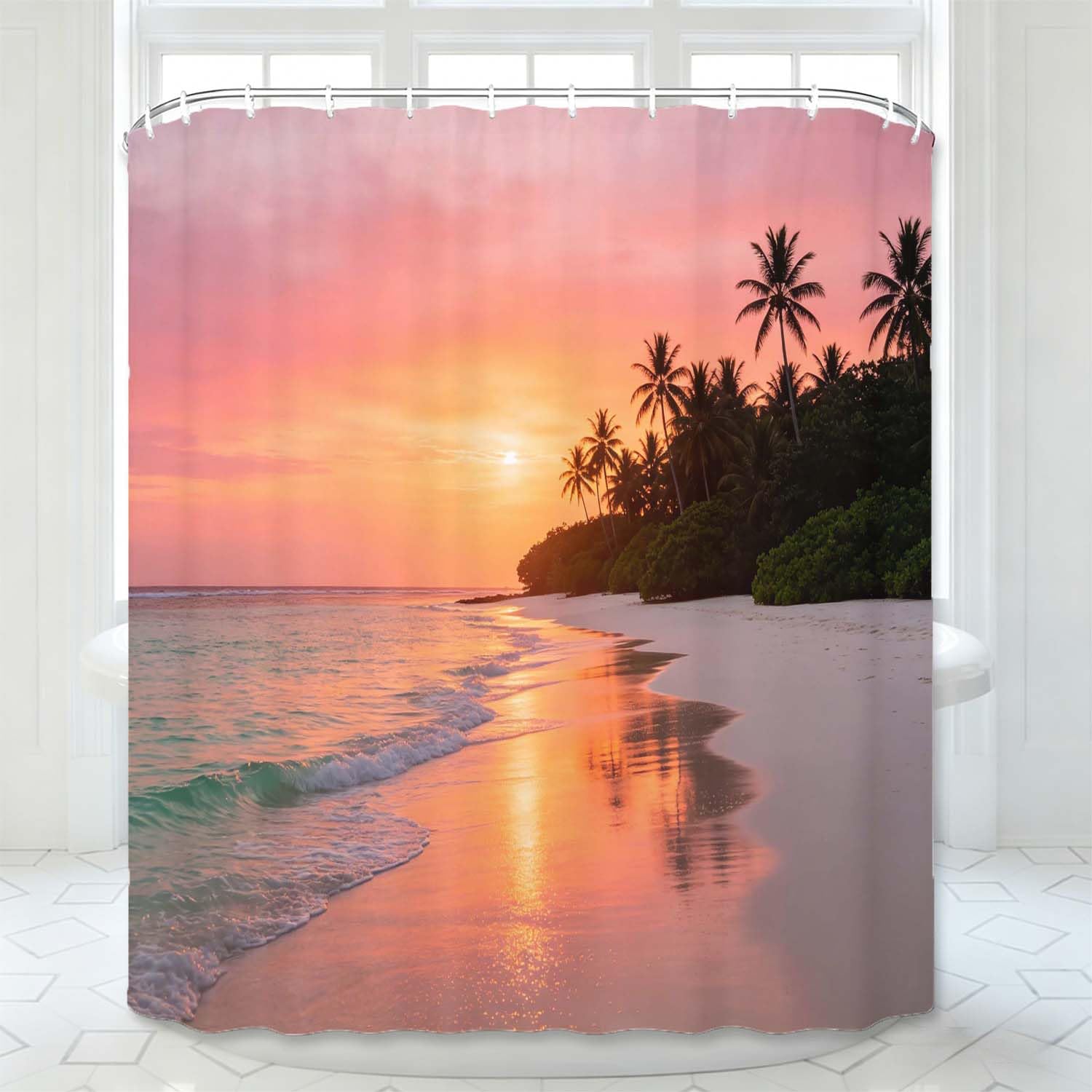 Rideau de Douche Anti Moisissure Coucher de Soleil sur la Mer, Rideau de Bain Hawaï 3D Rideaux de Douche en Polyester, Imperméable, Lavable en Machine, avec Crochets, 300 x 200 cm 1441-YLP