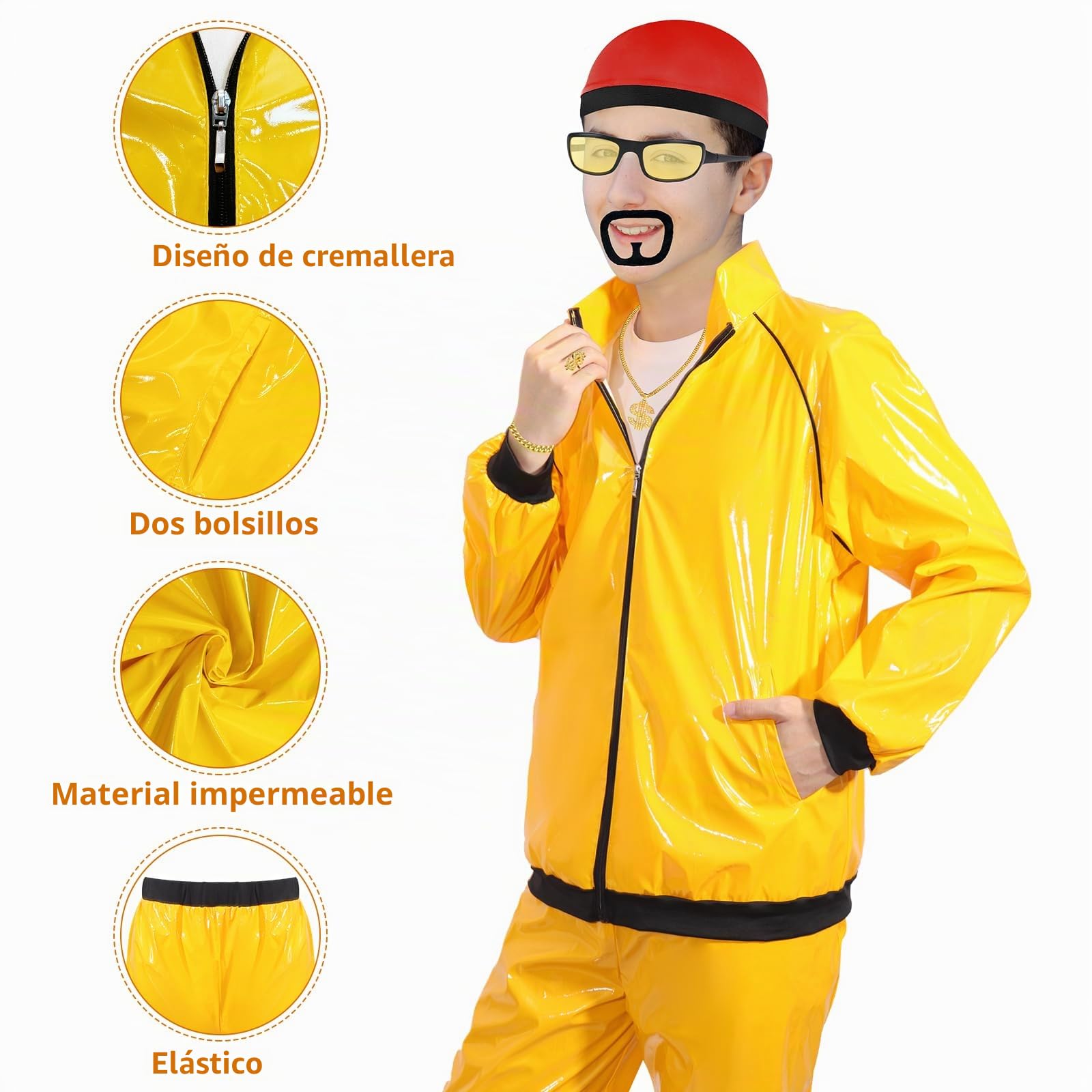 shengo Disfraz de celebridad de los años 90, traje de concha amarilla y negra a juego, sombrero a juego, gafas de sol, cadena dorada, disfraz de rapero divertido disfraz de Halloween