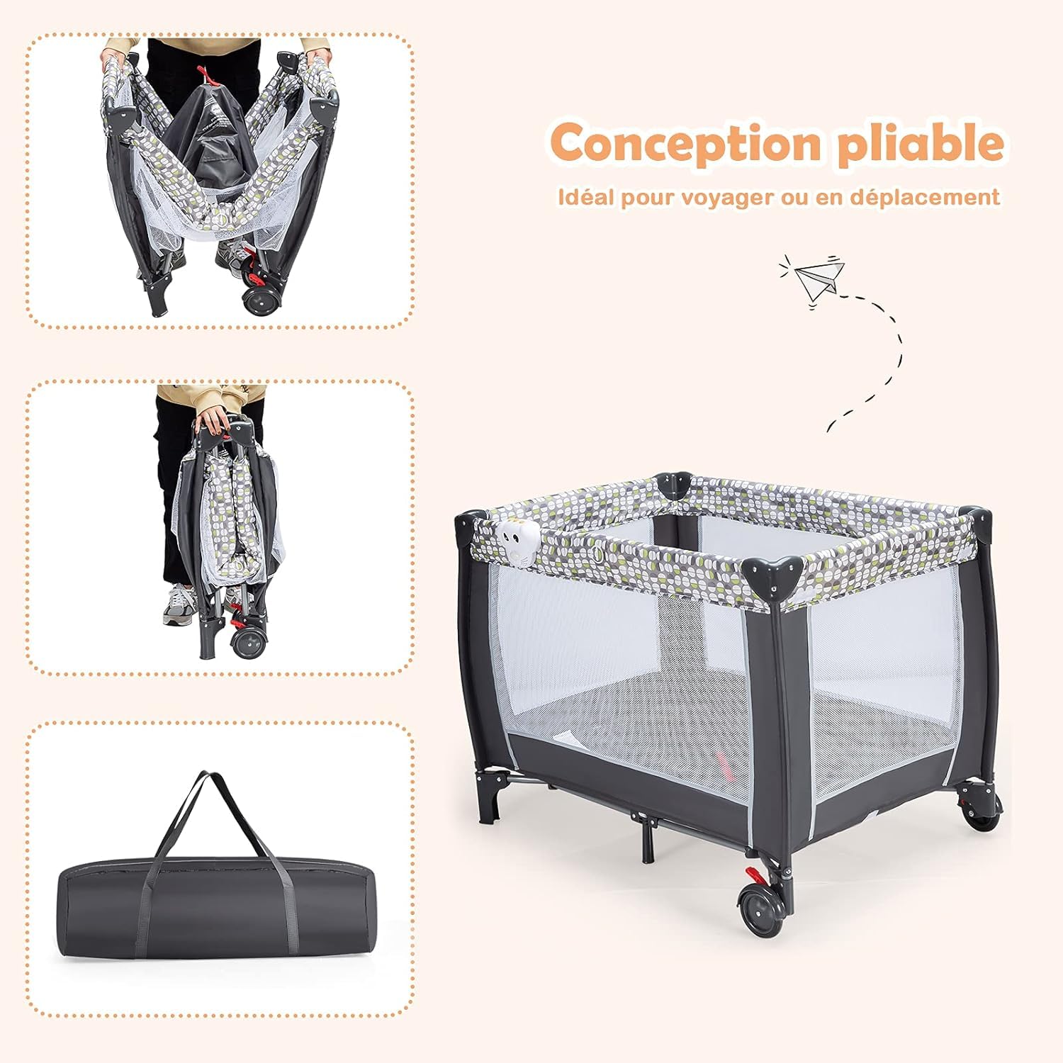 GOPLUS Cama Plegable con Ruedas, Cambiador y colchón, Cuna de Viaje con Lindos Juguetes y Bolsa de Transporte, Apta para bebés de 0 a 36 Meses, Carga máxima 15 kg, Gris