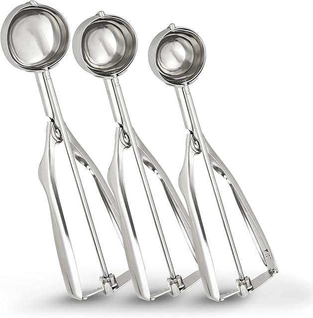 Jojeys Ice Cream Scoop - Pack of 3 with Easy Trigger, 304 Stainless Steel Cookie Scooper for Portioning of Muffins, Mashed Potatoes and Melon Balls (4, 5 & 6cm)