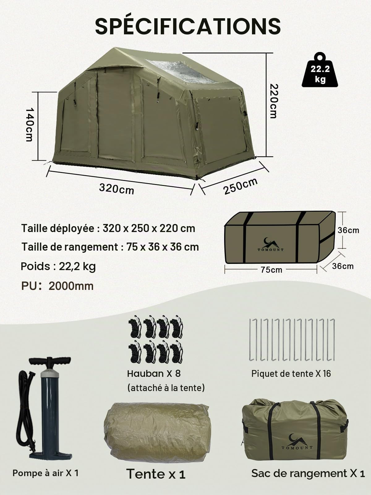 TOMOUNT Grande tente gonflable pour 6 personnes, 300D imperméable en polyester avec sac de rangement et pompe à air, tente de camping pour l'extérieur, le camping, la randonnée