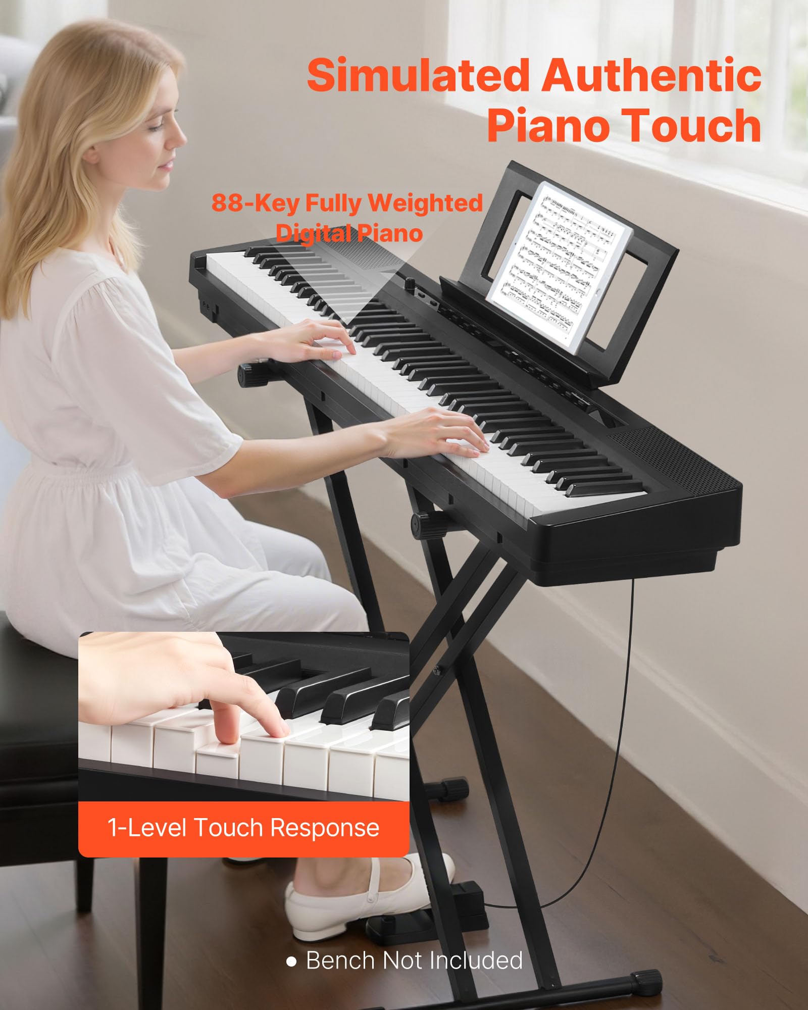 VEVOR Pianoforte Digitale a 88 Tasti, Tastiera Pianoforte con Altoparlanti, con Supporto a X, Pedale Sustain, Funzione di Registrazione, 280 Toni, Connessione Wireless, per Principianti, Nero