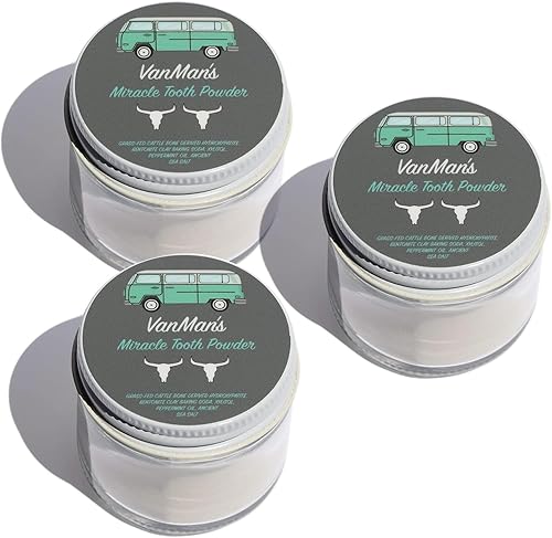 Vanman's Mint & Bone Tooth Powder (paquete de 3) - Polvo blanqueador de dientes con hidroxiapatita derivada de hueso de ganado, arcilla de