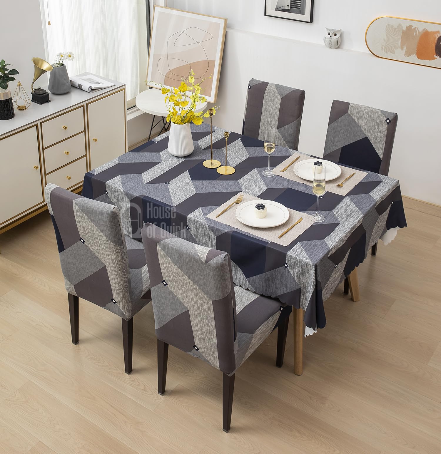 House of Quirk Polyester, Polyvinyl Chloride (PVC) Dining Chair Cover with Rectangular Table Covers for Kitchen Waterproof Dining Table Cloth (Grey Dark Grey Prism, 1 Table Cover + 4 Chair Cover)