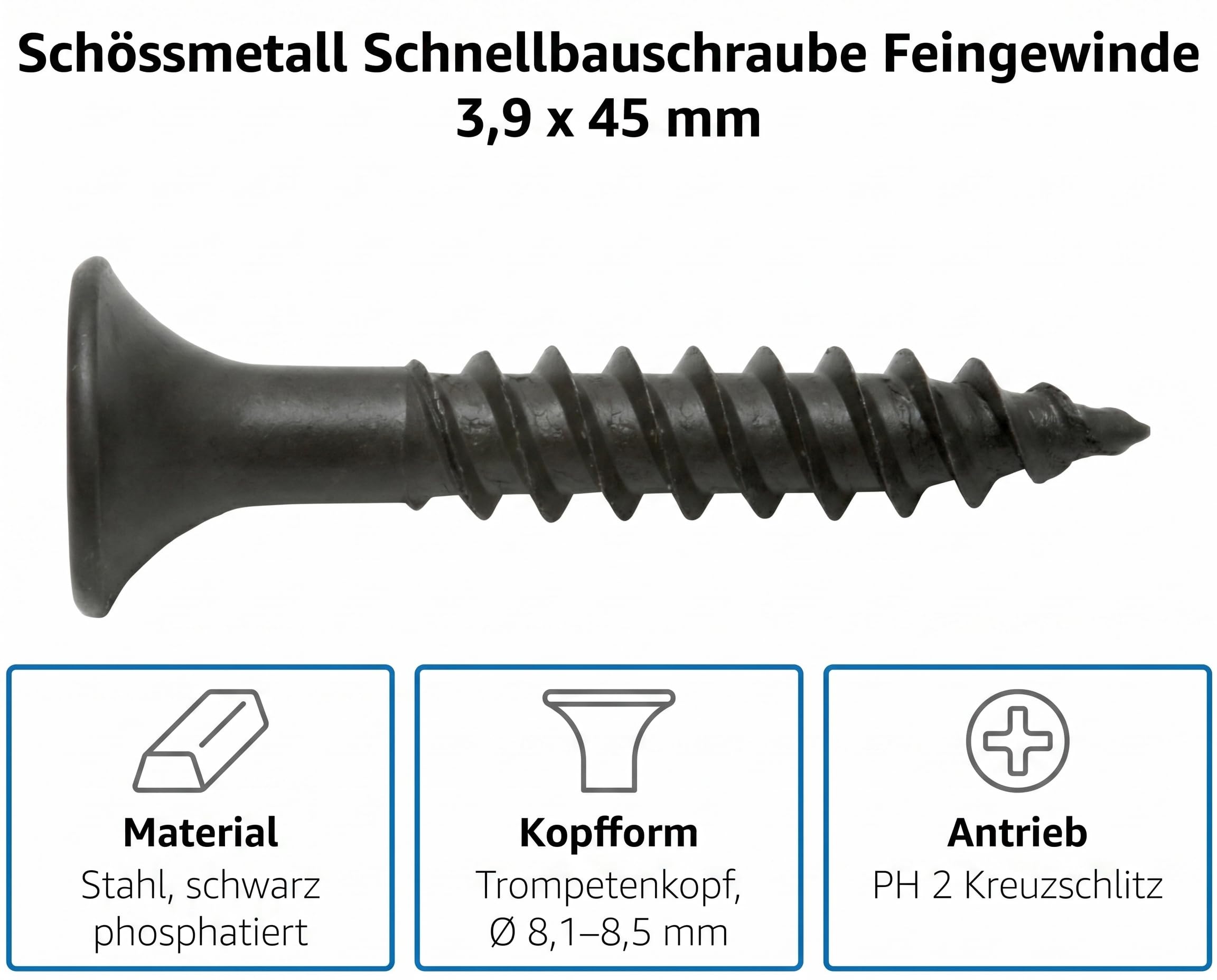 Schnellbauschrauben Feingewinde 3,9 x 45 mm, 3000 Stück, EN 14566, Stahl phosphatiert, Trompetenkopf PH2, für Gipskarton auf Metallprofilen bis 1,0 mm