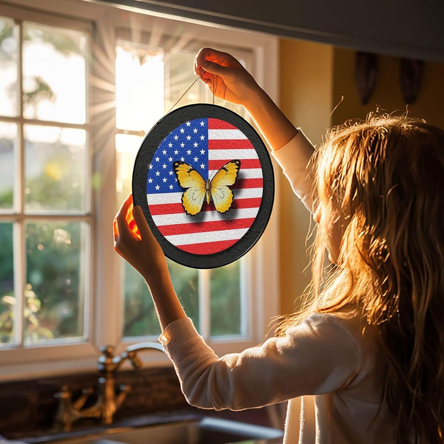Stained Glass Window Hanging 10in Window Suncatcher Glass Panel with Metal Chain American Flag Round American Star Butterfly Sun Catchers Wall Art Home Decor Gift for Women Mother's Day