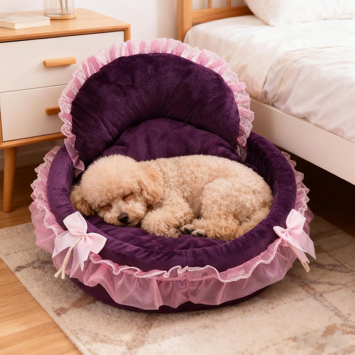 PetPhindU Pet Bed Washable Princess Soft Plush Warm Cave Sofa Cushion, Cozy Snuggle Nest Mat Comfy Kennel Sleeping Pad for Small Medium Dogs Cats (Pink,18.9in)