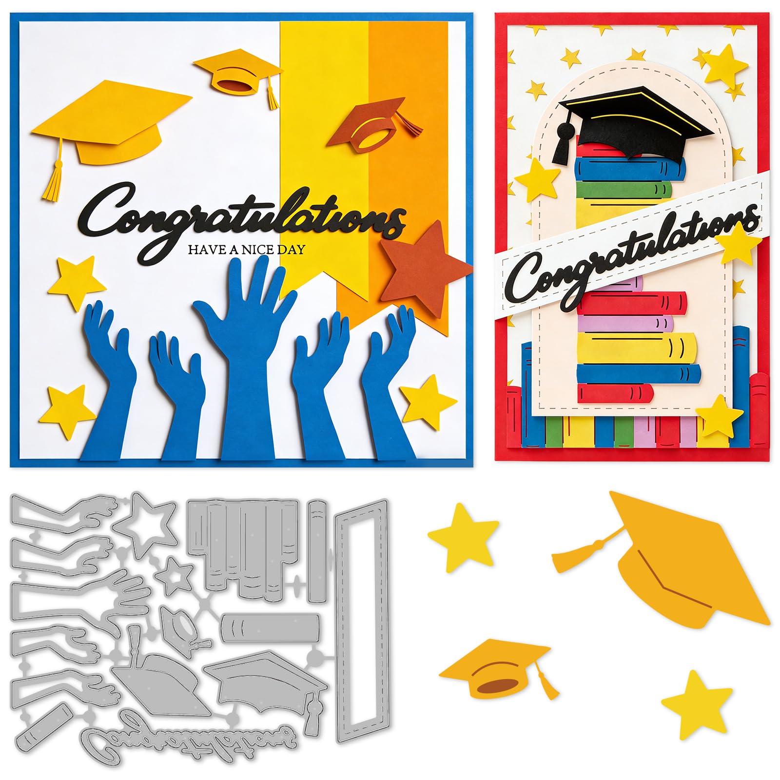 INFUNLY 16 fustelle da taglio a forma di libro con scritta "Happy Graduation", stencil per goffratura, in acciaio al carbonio, con stelle, per fai da te, scrapbooking, artigianato, forniture