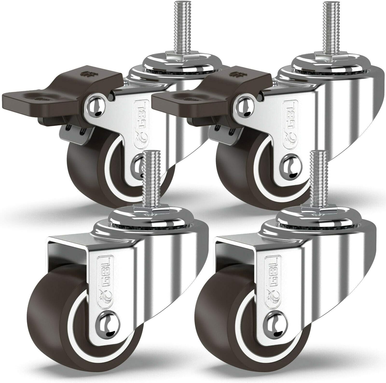 GBL Heavy Duty Castor Wheels with 2 Brakes + Screws - M6 25x15mm Bolt up to 40KG - Pack of 4 No Floor Marks Silent Caster for Furniture - Small Rubbered Trolley Wheels - Silver Castors