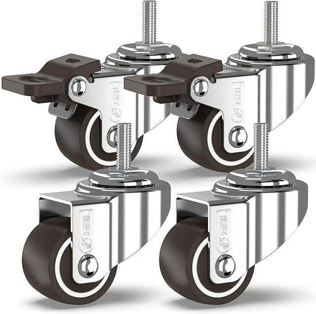 GBL Heavy Duty Castor Wheels with 2 Brakes + Screws - 25mm M6x15mm Bolt up to 40KG - Pack of 4 No Floor Marks Silent Caster for Furniture - Small Rubbered Trolley Wheels - Silver Castors
