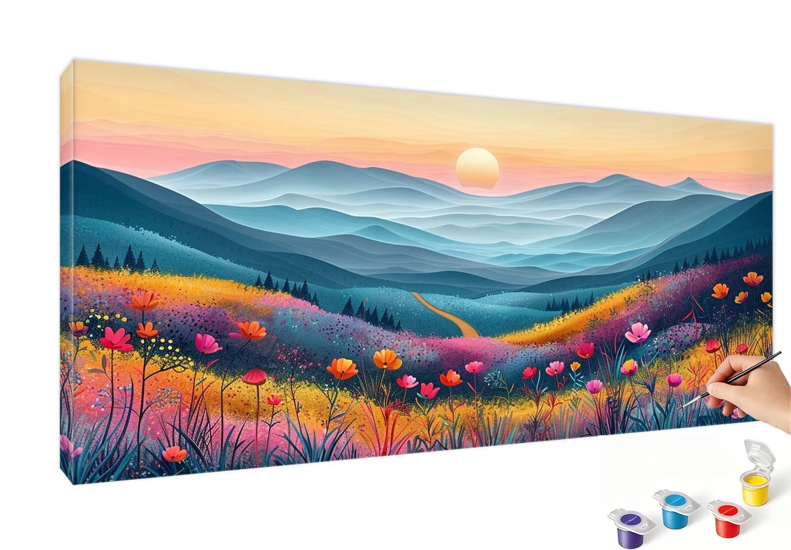Malen Nach Zahlen XXL Berg Malen Nach Zahlen Erwachsene Mohn 60x120cm, Ohne Rahmen, DIY Paint by Numbers Set mit Acrylfarben und Pinseln, Knitterfreie Leinwand, Zimmer Deko, Geschenk für Frauen RB-424
