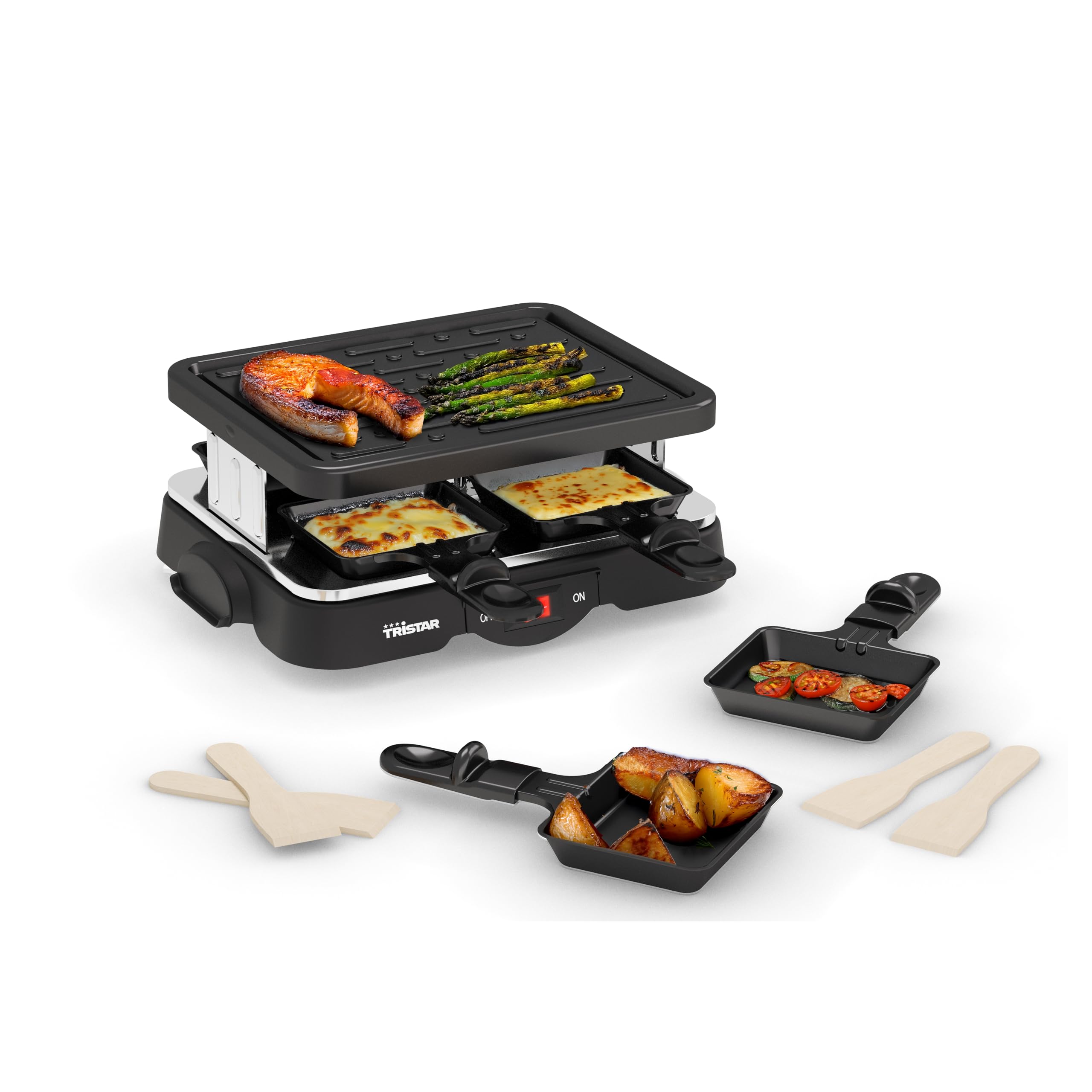 Tristar Raclette-Grill für bis zu 4 Personen, 500 W, 4 Antihaft-Pfännchen, Kompaktes Design, Ideal für Camping & Kleine Haushalte, RA-2949