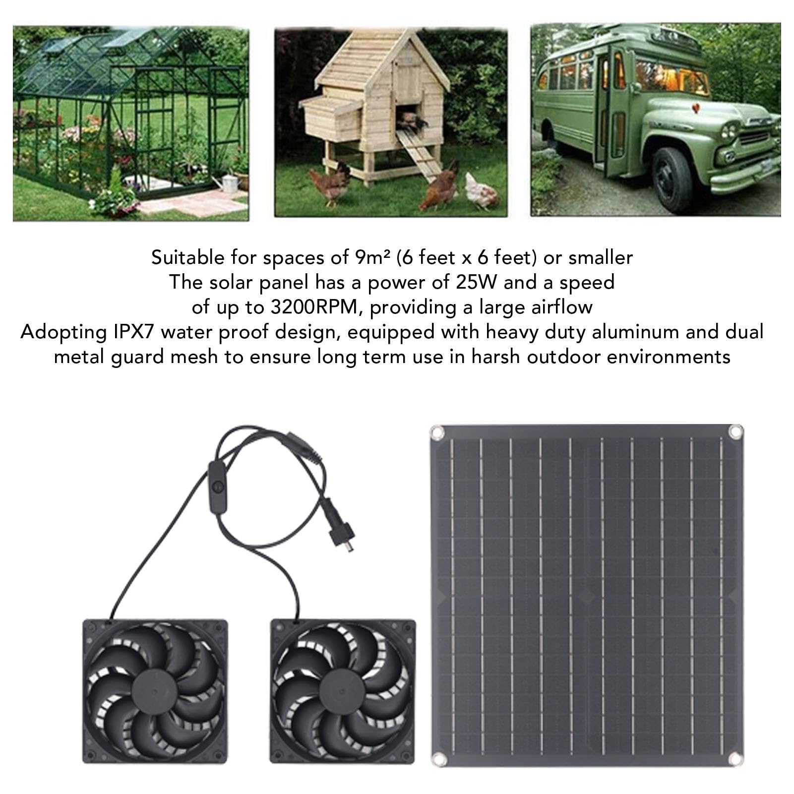 Ventilador Solar, Ventilador de Panel Solar de 25 W Resistente a la Intemperie con Ventilador Doble de CC para Gallineros Pequeños, Invernaderos, Cobertizos, Casas para Mascotas,