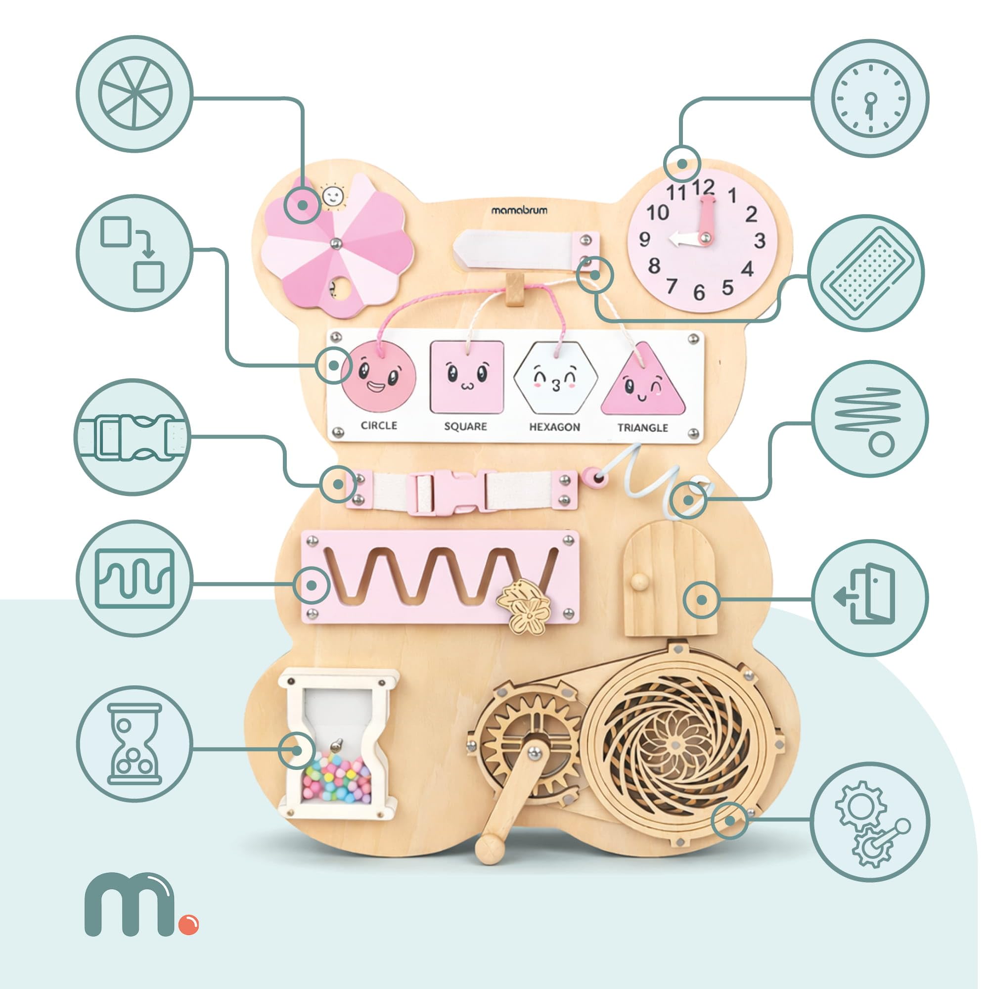 mamabrum Orsacchiotto sensoriale in Legno, 10 in 1, Giocattolo educativo Montessori per Bambini, Naturale/Rosa, abilità motorie e creatività, 29,8 × 39 × 7 cm
