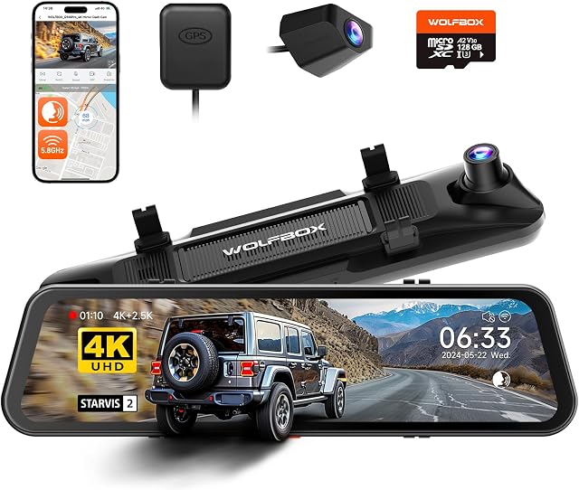 WOLFBOX G900 PRO Mirror Dash Cam with STARVIS 2 IMX678, 12 inches Rear View Mirror Camera with Front 4K and Rear 2.5K, Included 128GB Card, Voice Control, 5.8GHz WiFi, GPS & G-Sensor, Loop Recording