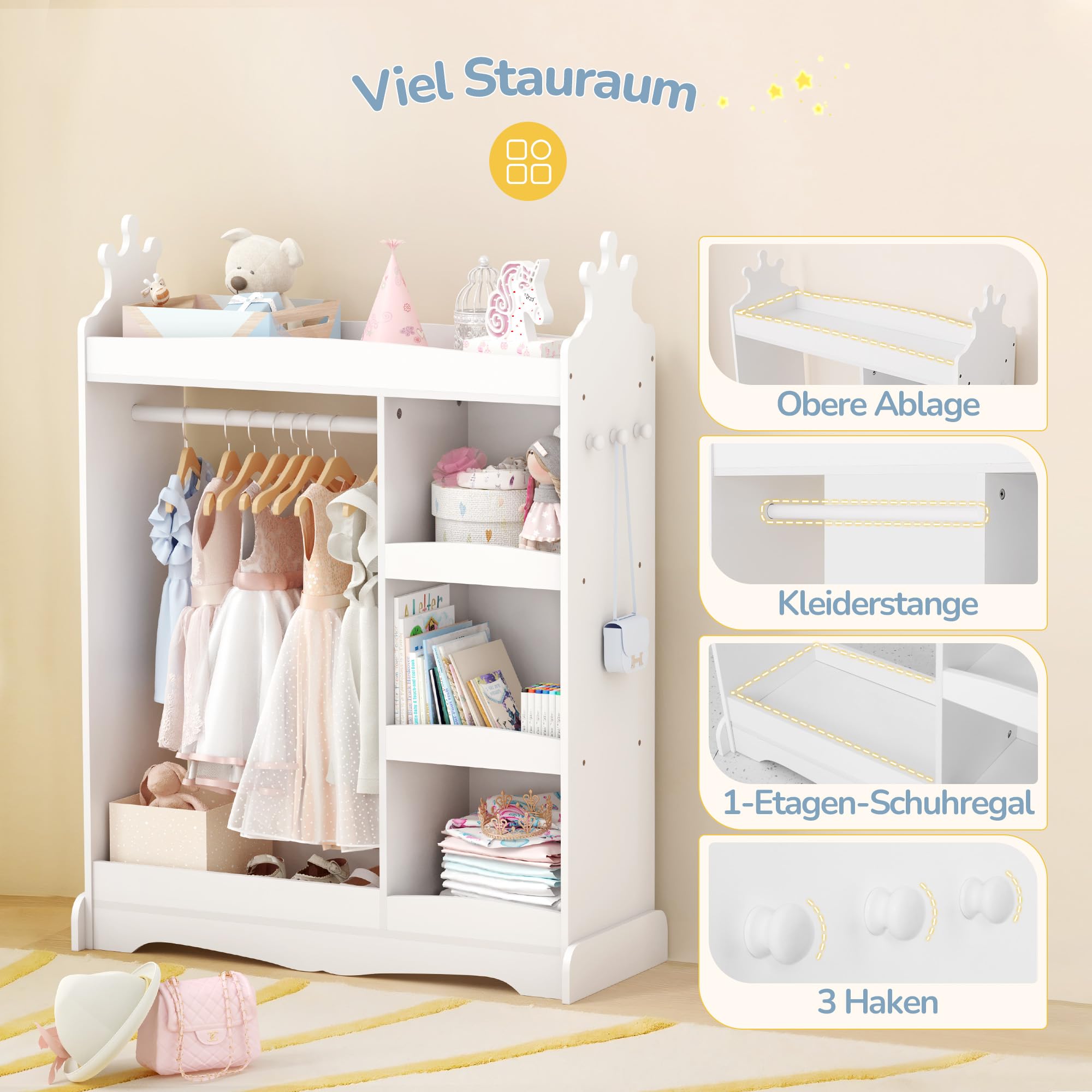 LUE BONA Kindergarderobe,Kinderkleiderschrank mit Spiegel und Kleiderstange,Kindergarderobe mit 3 Haken und 3 offener Ablagen,Kinder Kleiderschrank aus Holz für Kinderzimmer,85 x 34 x 112 cm,Weiß