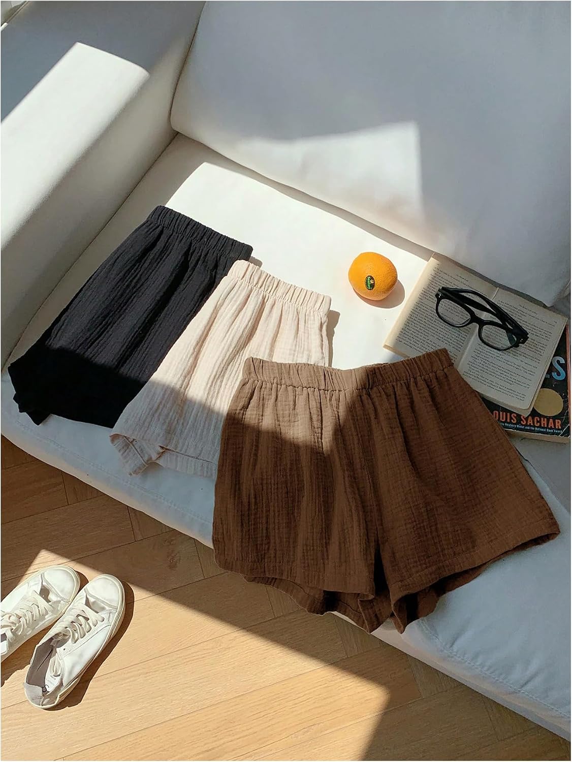 MakeMeChic Women's 3 Pack Linen Shorts Plaid Gingham Striped Summer Beach Shorts