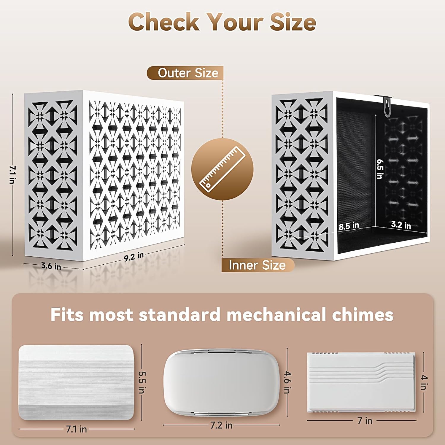 Doorbell Chime Cover Box Only - Geometric Lattice Cutout Indoor Door Bell Cover for Wall Inside, Decorative Wooden Design Cover for Home Upgrades Easy Install Universal Fit Door Bell Cover, White