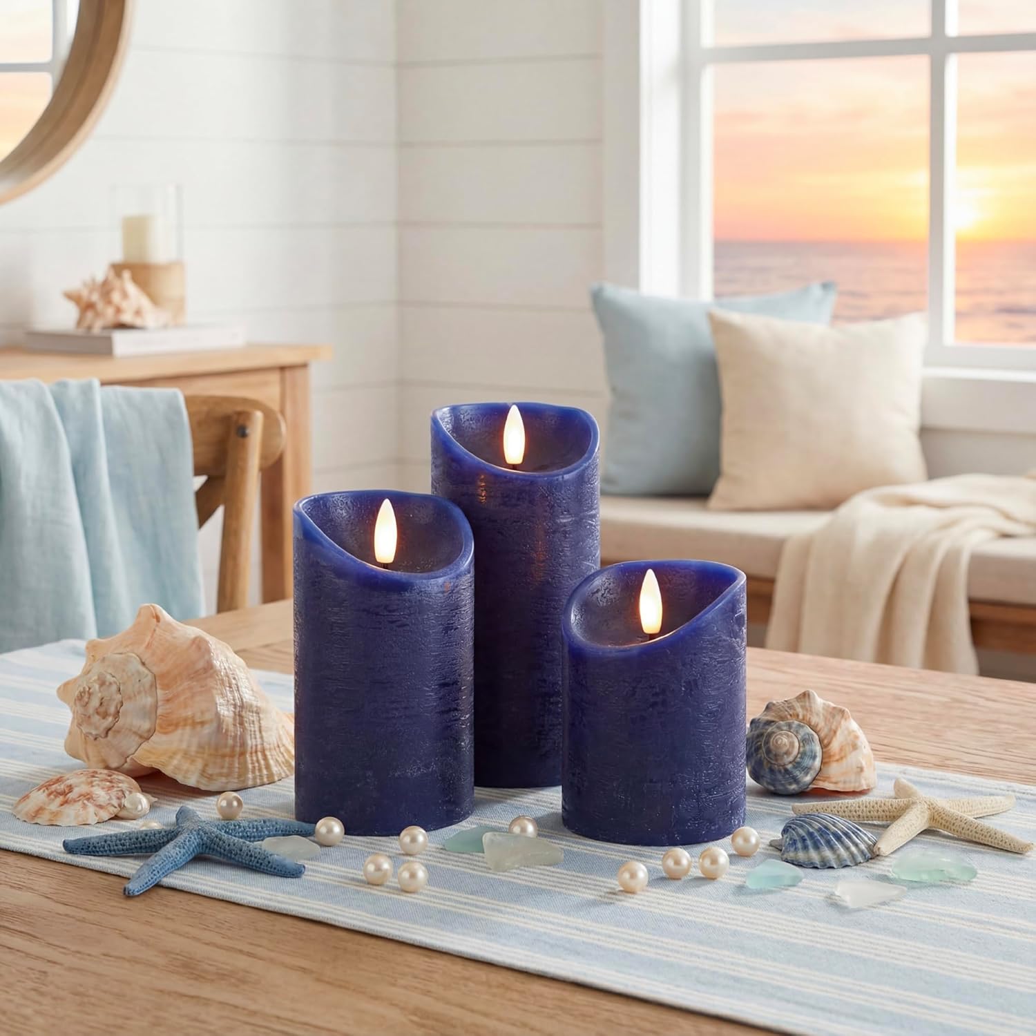 Elyrae Navy Blue Flameless Candles with Remote and Timer, Real Wax Made LED Pillar Candles Battery Operated with 3D Flickering Flame, 3" x 4",5",6", Navy Blue Decor, Set of 3