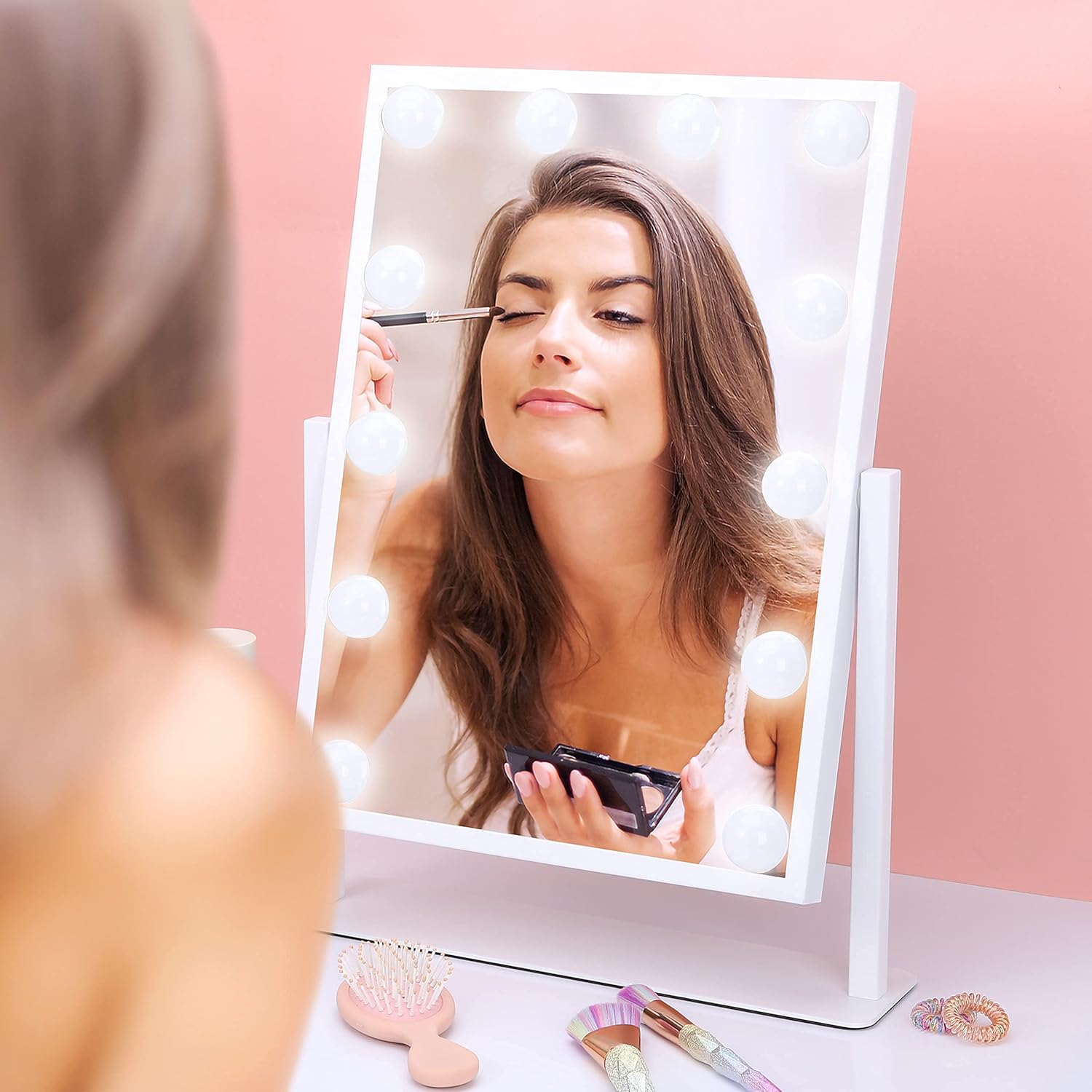 Large Hollywood Makeup Vanity Mirror with Lights,Plug in Light-up Professional Mirror, 12 Dimmable Led Bulbs 360Degree Rotation Design, Size:13.97 inch X 18.7 inch (White)