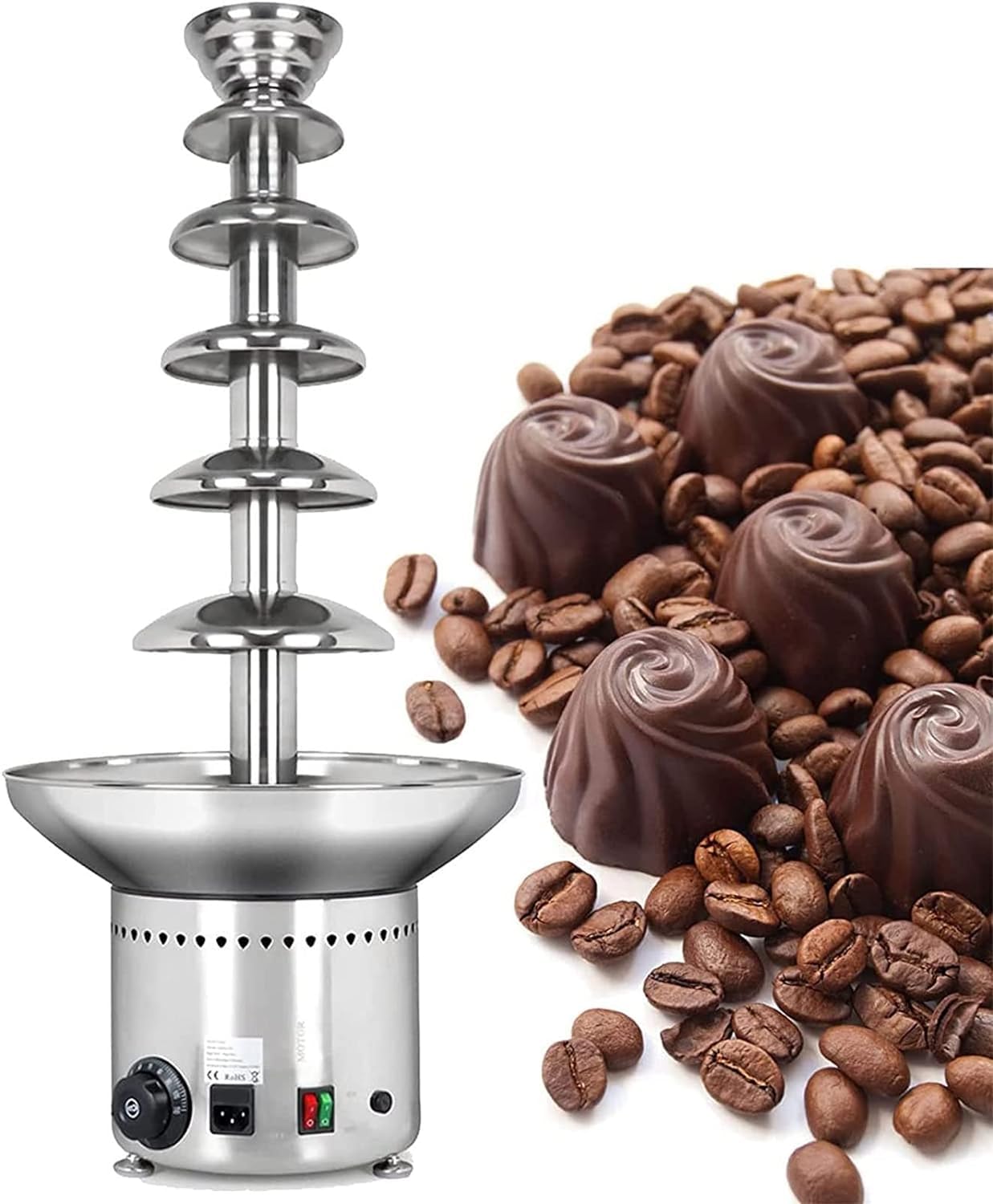 ASerZenith Chocolate Fondue Fountain, Electric Melting Chocolate Machine Stainless Steel Chocolate Fondue Pot, 6 Tiers Large Capacity Stainless Steel Chocolate Fondue Waterfall/Sauce Melting Pot