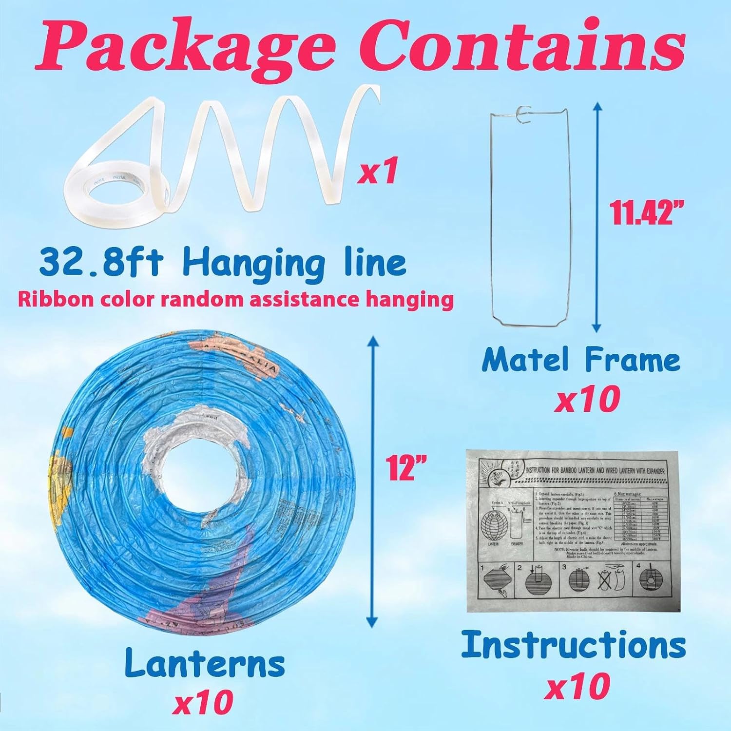 10 Pack 12 Inch Globe Paper Lanterns for Ceiling Hanging, Large Earth Lantern Around The World Map Decorations