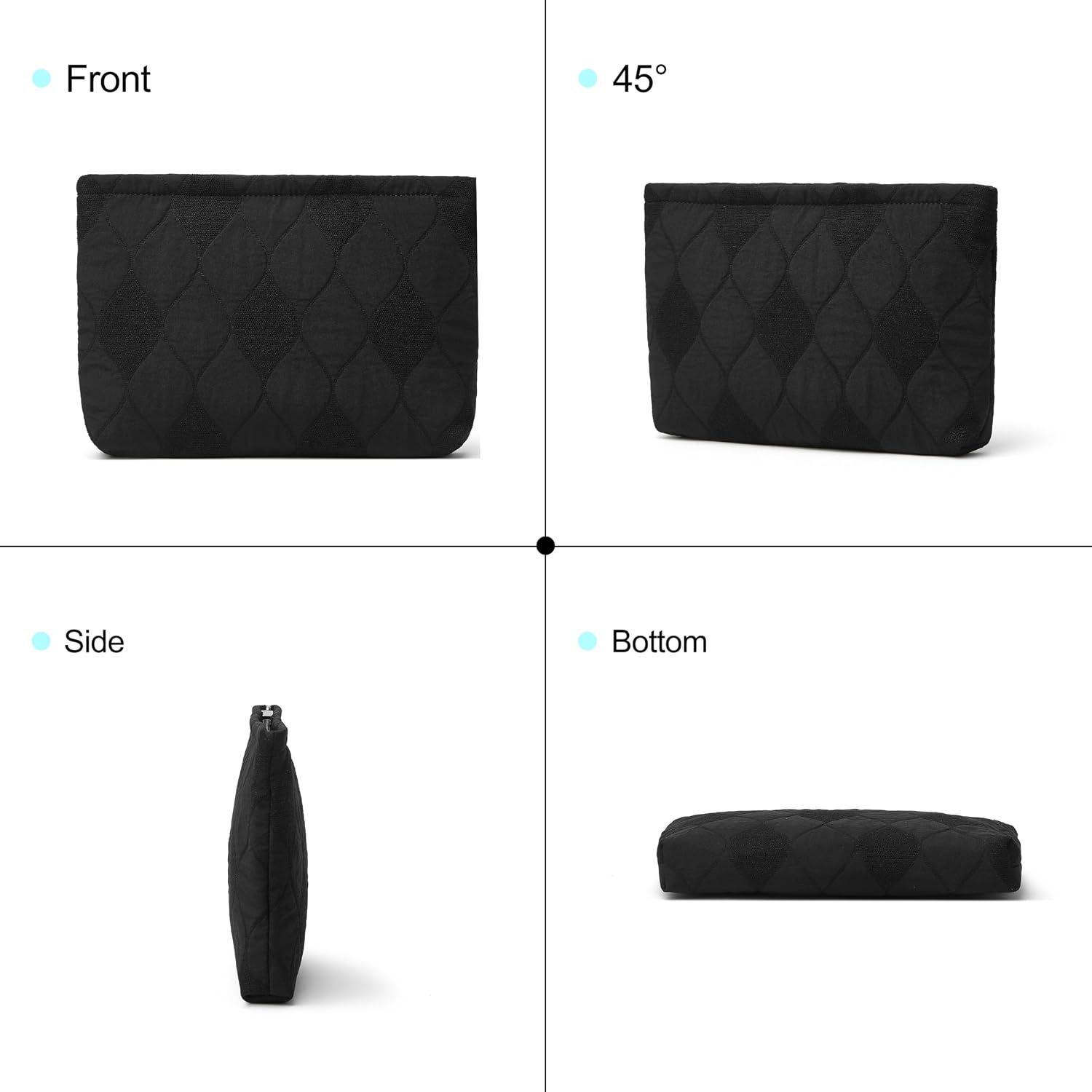 Premium Cotton Makeup Bag, Soft Slim Quilted Cosmetic Zipper Pouch and Make Up Organizer Travel Toiletry Case (1-Black)