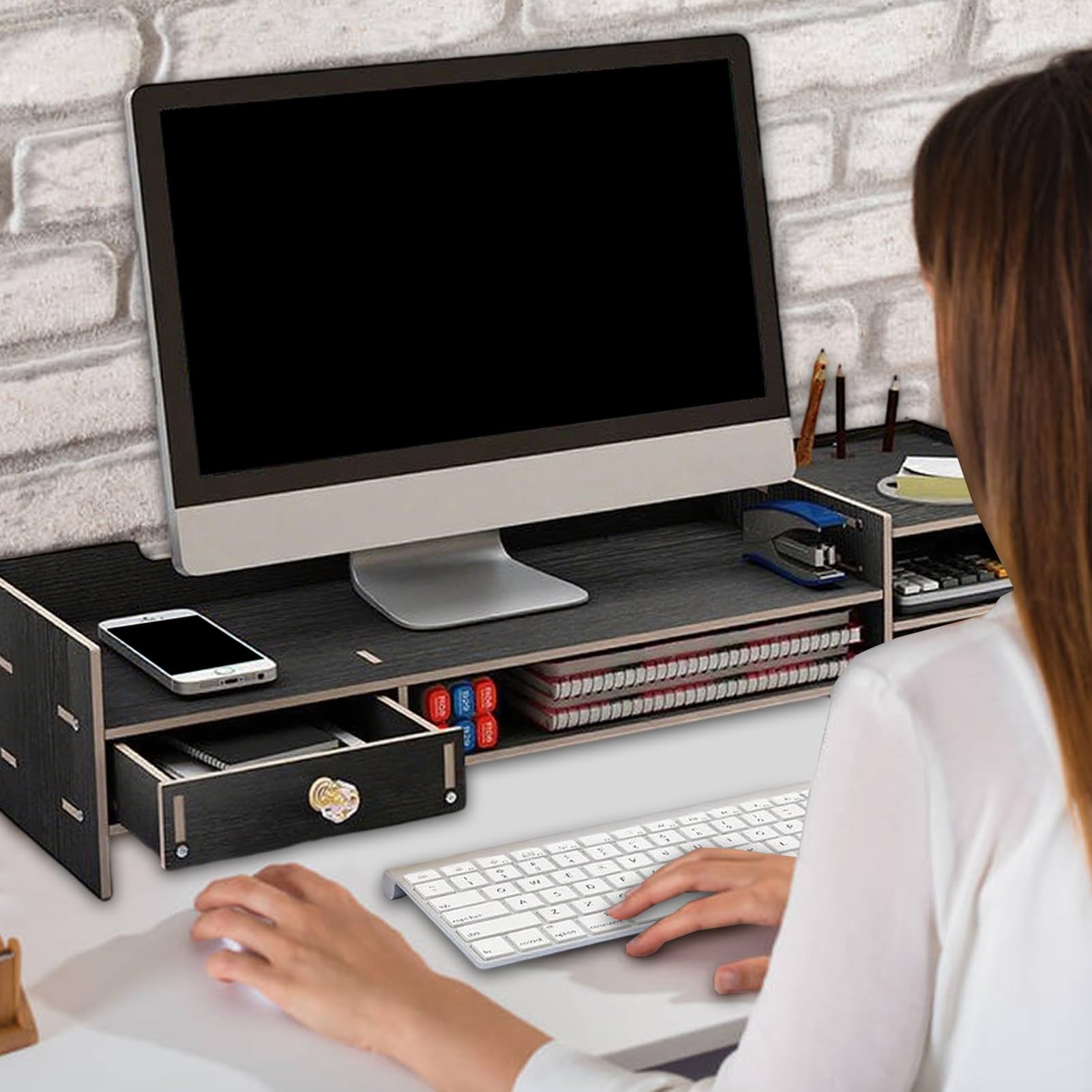 Supporto per monitor da scrivania in legno per accessori da ufficio PC/laptop mensola per stampante salvaspazio Soluzione di archiviazione da scrivania per casa e ufficio