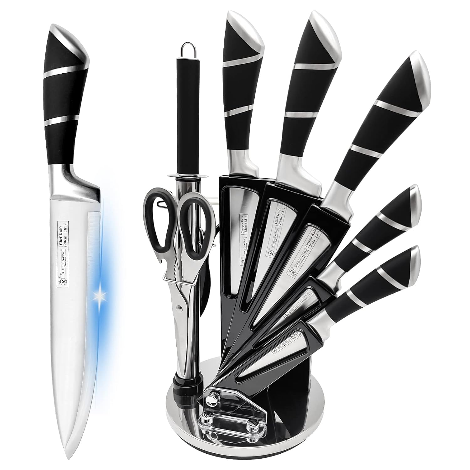 Kitchen Knife Set Retrosohoo 9-Pieces Black Sharp Non-Stick Coated Chef Knives Block Set Stainless Steel Knife Set for