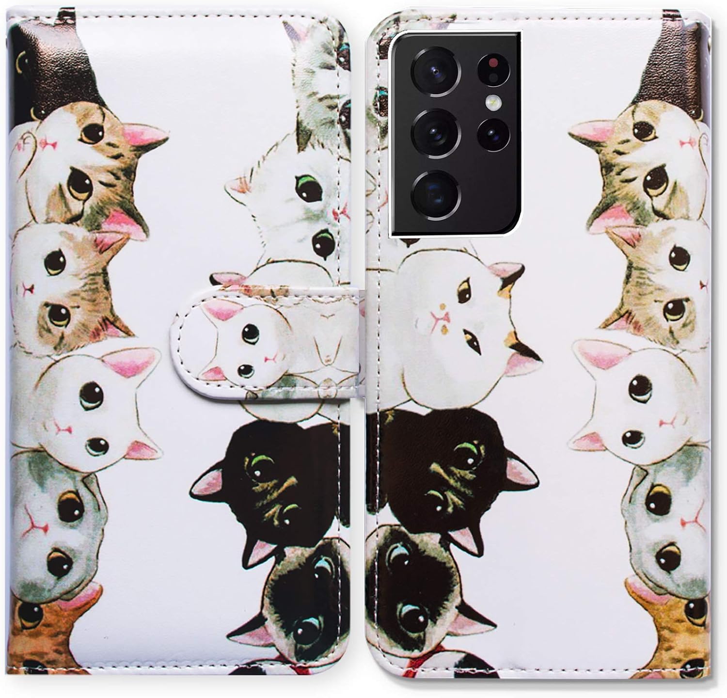 Bcov Case for Galaxy S21 Ultra 5G, White Black Cute Cats Leather Flip Phone Case Wallet Cover with Card Slot Holder Kickstand for Samsung Galaxy S21 Ultra