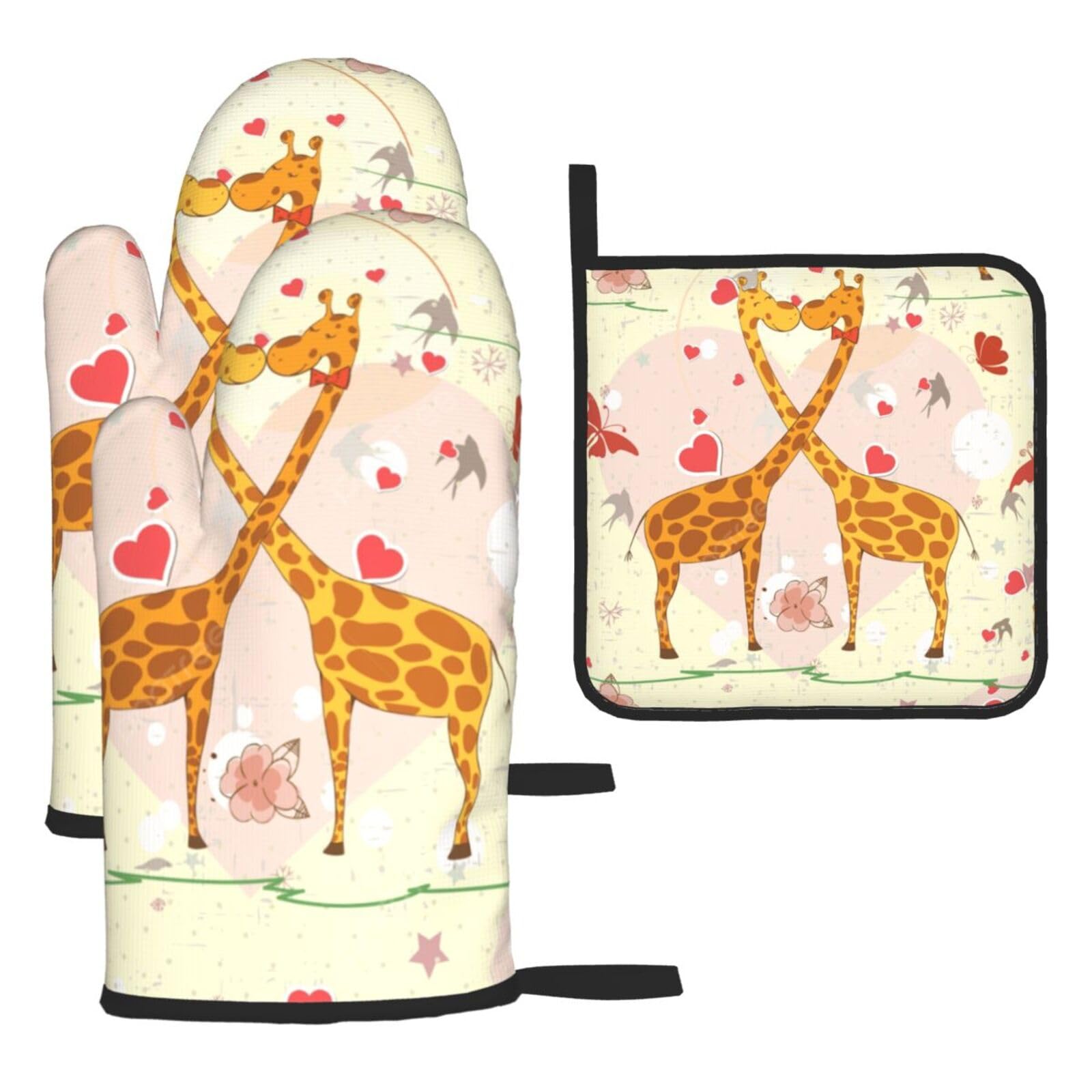 Giraffe Heart Flower Butterfly Print Oven Kitchen Gloves For Baking Outdoor Grilling Home Use Mitts Microwaving Bbq