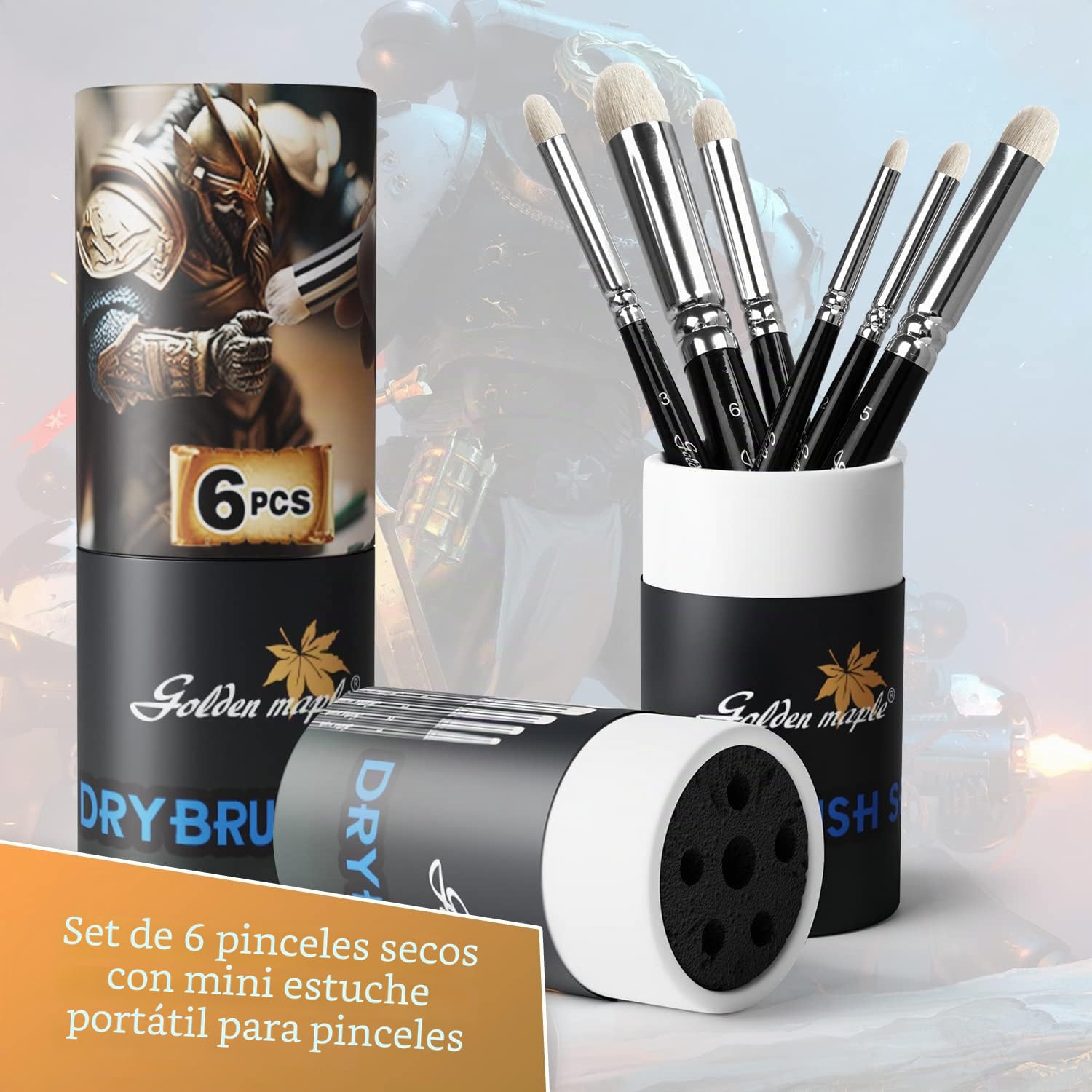 Golden Maple Dry Brush - Juego de 6 pinceles de pintura en miniatura para modeladores profesionales para miniaturas, modelos, esmalte y figuras de fantasía