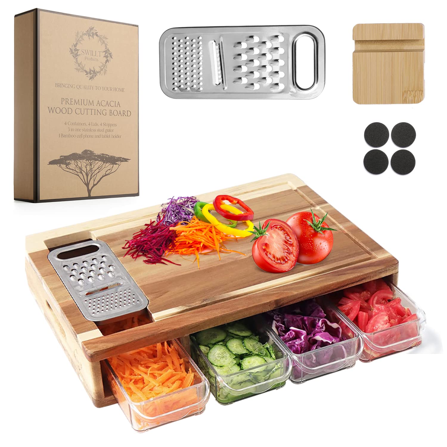 Photo 1 of Acacia Wood Cutting Board with Containers & Lids, 3in1 Grater and bonus Bamboo Phone and Tablet Holder by SWILLT-Large Acacia Wood Chopping Board with 4 Storage Trays, Food Prep Cleanup, Juice Groove
