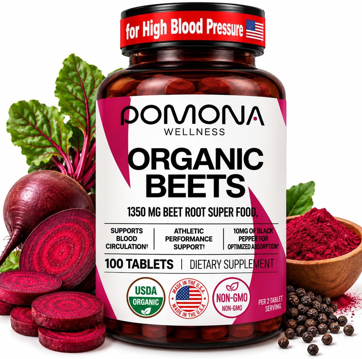 Pomona Organic Beetroot Supplement-100 Tabs, Beets for High Blood Pressure