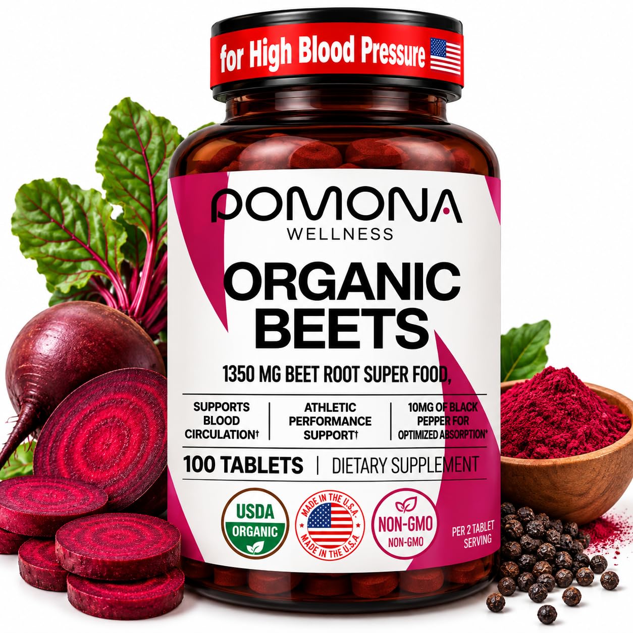 Pomona Organic Beetroot Supplement-100 Tabs, Beets for High Blood Pressure