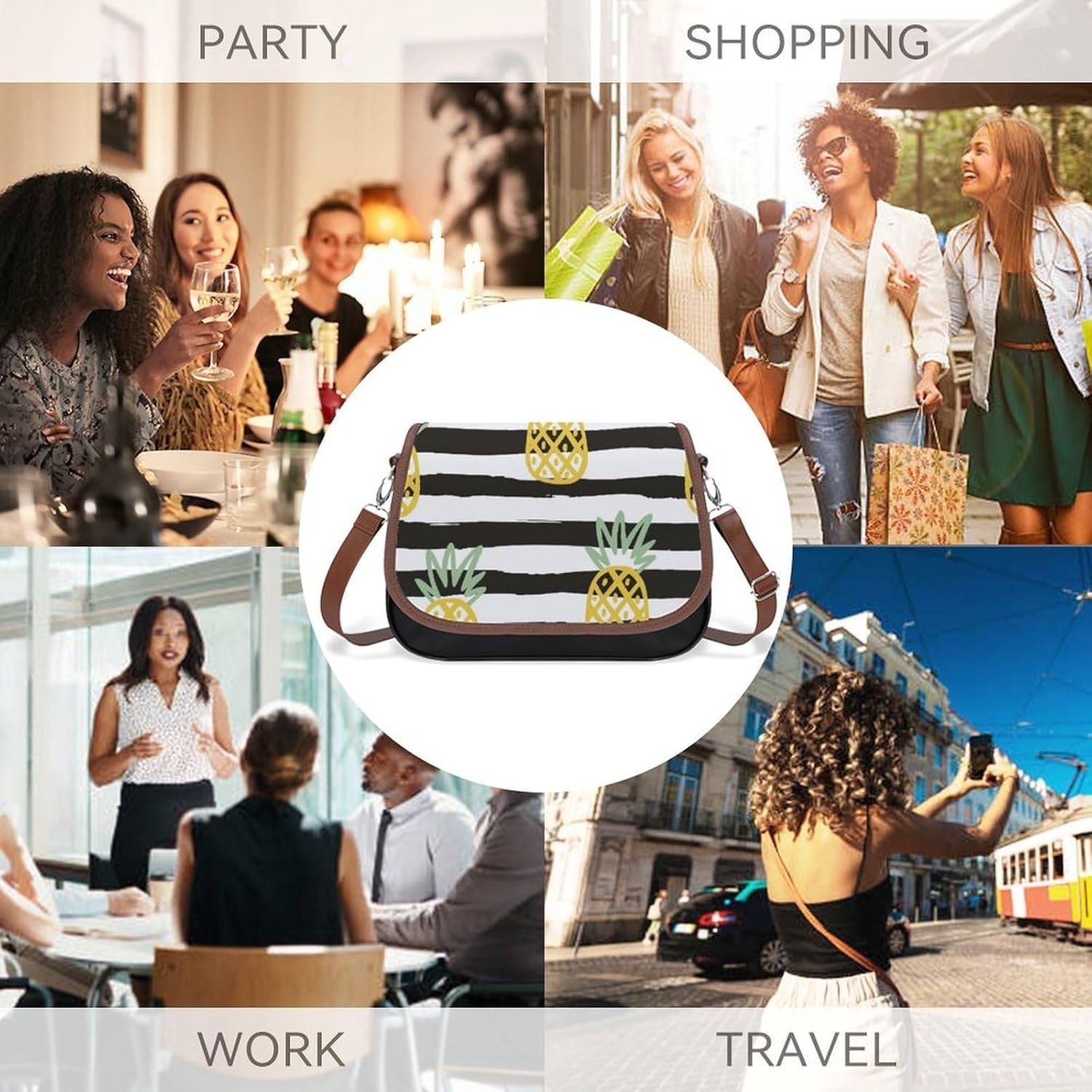 Black Stripes Cartoon PineappleWomen's Faux Leather Crossbody Bag, Waterproof Wrinkle-Resistant Shoulder Bag with Detachable Strap, Large Capacity Casual Handbag, Fashion Daily Purse for Shopping Work